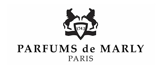 Logo von Parfums de Marly, zeigt zwei aufgerichtete Pferde neben einem Schild mit der Zahl 1743 darunter der Schriftzug PARFUMS de MARLY PARIS.